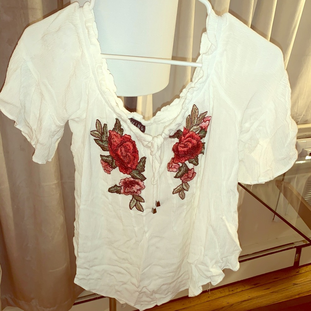 Ivory top with red roses embroidered